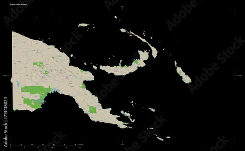 Papua New Guinea shape isolated on black. OSM Topographic French style map