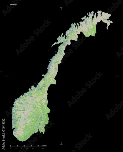 Photography Norway shape isolated on black. OSM Topographic French style map