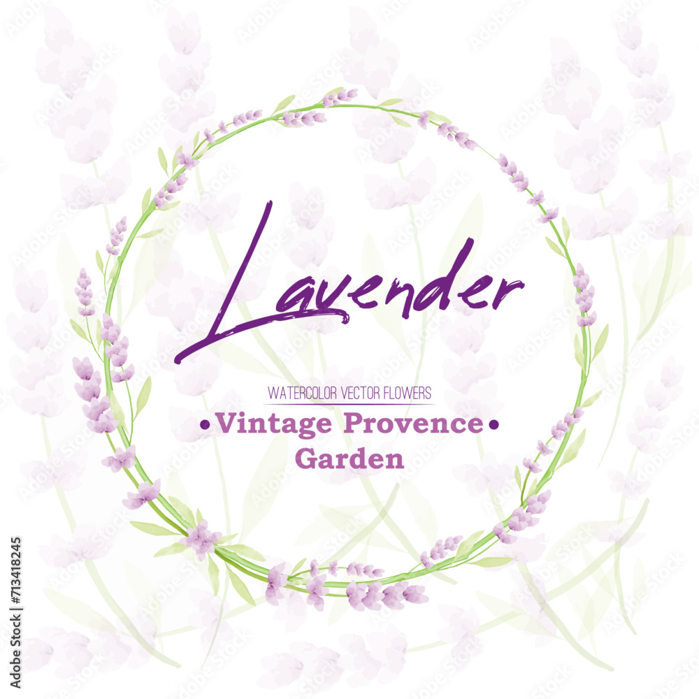 Watercolor Lavander wreath. Provence vintage garden.  Vector illustration. Lavender card.