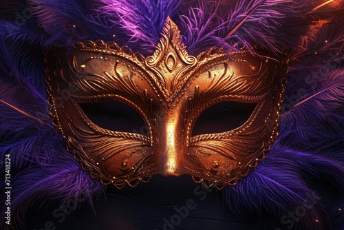 Venetian carnival mask with feathers on dark purple background with shiny golden streamers and glitter. Carnival party concept. Festive backdrop for design card, banner, flyer with copy space
