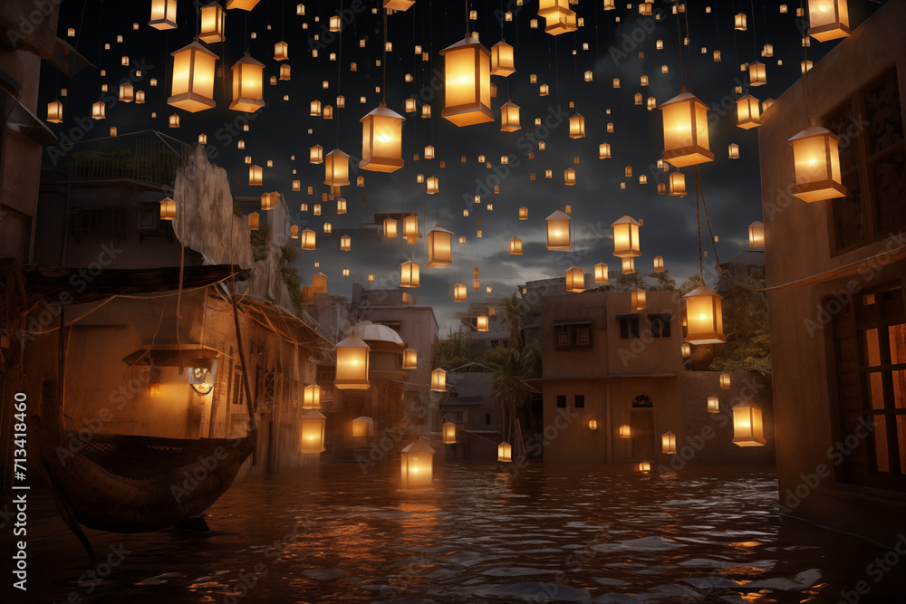 Illustration of Chinese Floating Sky Lanterns