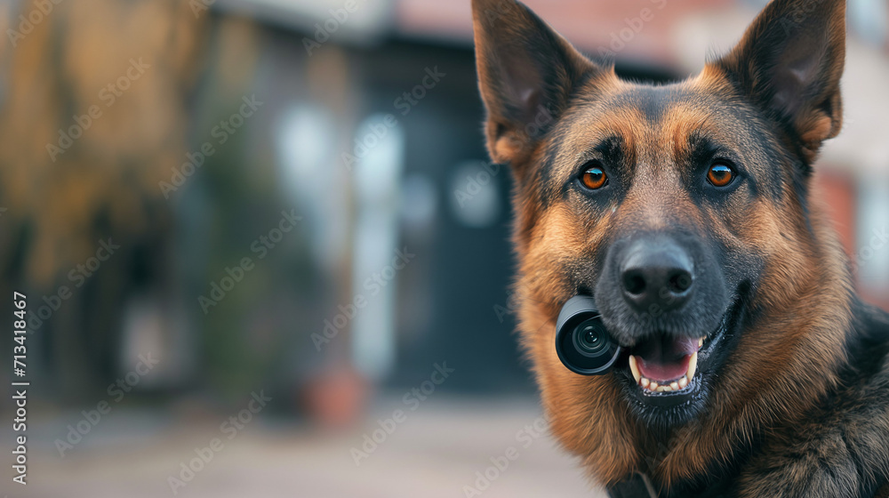 Schäferhund als Wachhund eingesetzt mit Überwachungskamera im Maul zwischen den Zähnen Generative AI - obrazy, fototapety, plakaty 