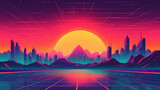 Retro background in neon colors cartoon with illuminated future city