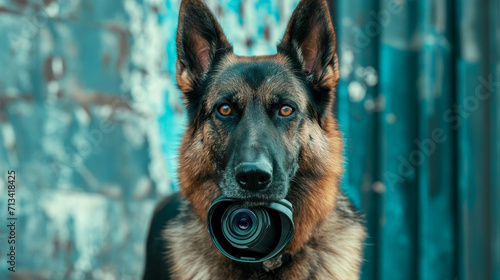 Schäferhund als Wachhund eingesetzt mit Überwachungskamera im Maul zwischen den Zähnen Generative AI