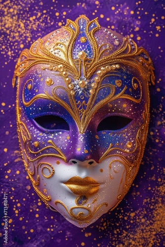 Venetian carnival mask with shiny golden streamers and glitter on dark purple background. Carnival party concept. Festive backdrop for design card, banner, flyer with copy space