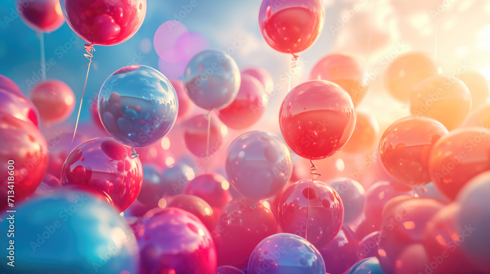 Group of strident brightly colored balloons air rising into the sky under the reflection of the sun. Celebration, party, festival, birthday, anniversary, concept. Generative Ai Group of strident brightly colored balloons air rising into the sky under the reflection of the sun. Celebration, party, festival, birthday, anniversary, concept. Generative Ai