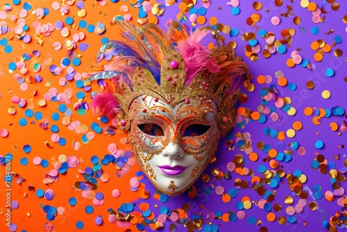 Venetian carnival mask with shiny golden streamers and glitter on orange and purple background. Carnival party concept. Festive backdrop for design card, banner, flyer with copy space