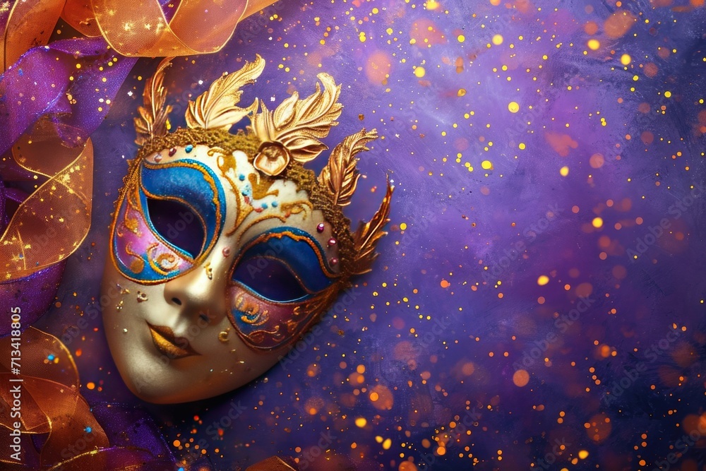 Venetian carnival mask  on dark purple background with shiny golden streamers and glitter. Carnival party concept. Festive backdrop for design card, banner, flyer with copy space