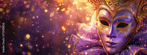 Venetian carnival mask  on dark purple background with shiny golden streamers and glitter. Carnival party concept. Festive backdrop for design card, banner, flyer with copy space © ratatosk