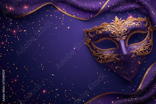 Venetian carnival mask on dark purple background with shiny golden streamers and glitter. Carnival party concept. Festive backdrop for design card, banner, flyer with copy space