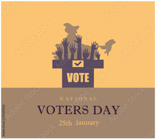 "National Voters Day" is observed in India on January 25th. Vote with hand of India election, India Map, Ashok Chakra People voting, vote with hand, vector illustration, landmark, Election Day.