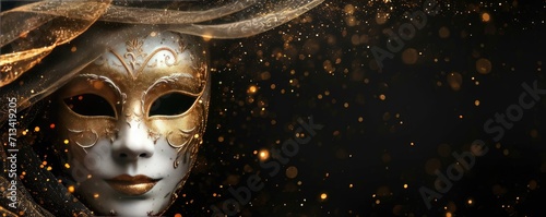 Venetian carnival mask with shiny golden streamers and glitter on black background. Carnival party concept. Festive backdrop for design card, banner, flyer with copy space © ratatosk