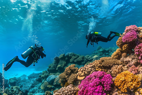 Scuba divers exploring vibrant coral reefs and encountering an a