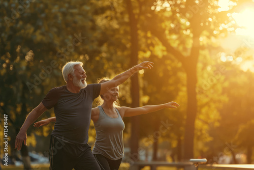 Active retired couple doing physical exercise outdoors. AI gener