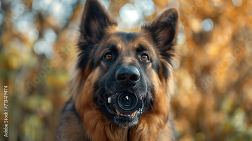 Schäferhund als Wachhund eingesetzt mit Überwachungskamera im Maul zwischen den Zähnen Generative AI