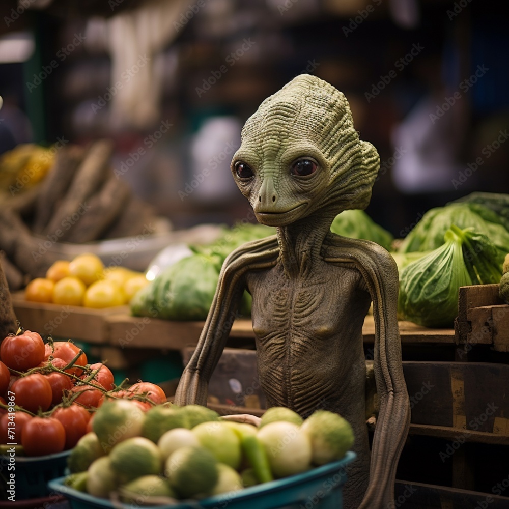 Cute aliens in the Indian vegetable market beautiful image Ai generated art