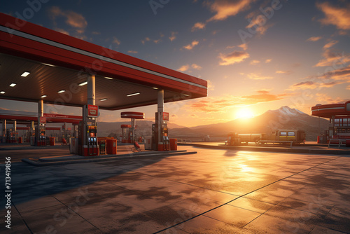 Petrol station with red car at sunset. 3D rendering.