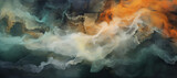 abstract smoke on an orange background, in the style of crystalline and geological forms, recycled material murals, collage-like, dark gray and dark emerald, aerial view, resin, organic formations