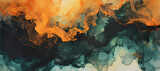 abstract smoke on an orange background, in the style of crystalline and geological forms, recycled material murals, collage-like, dark gray and dark emerald, aerial view, resin, organic formations
