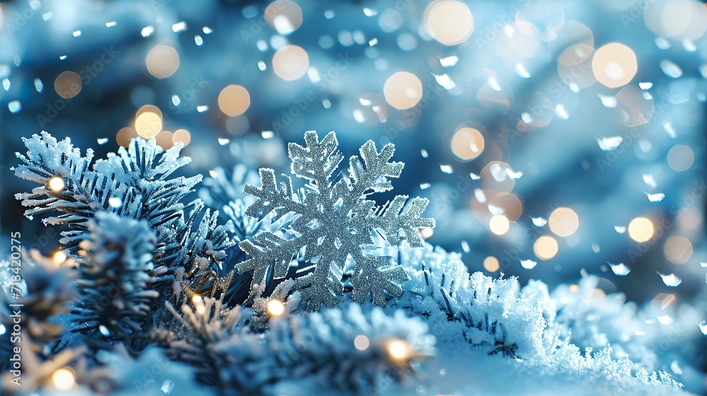 Festive New Year background with snowflakes and Christmas tree toys. Winter fairy tale template. Illustration on a light blue background Festive New Year background with snowflakes and Christmas tree toys. Winter fairy tale template. Illustration on a light blue background