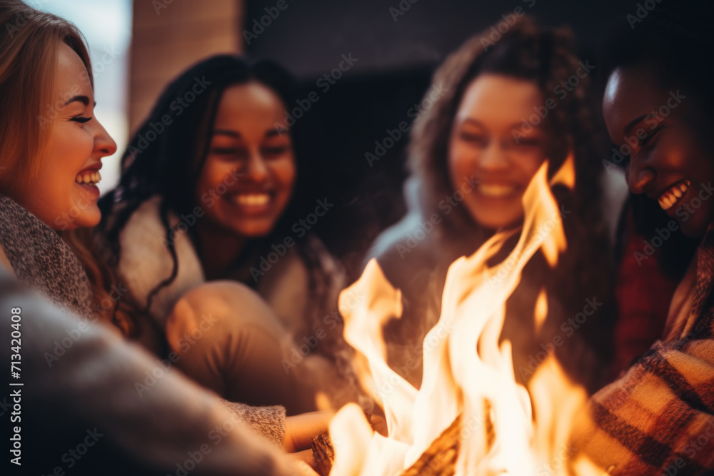 Joyful Friends Sharing Laughter by a Warm Fireplace