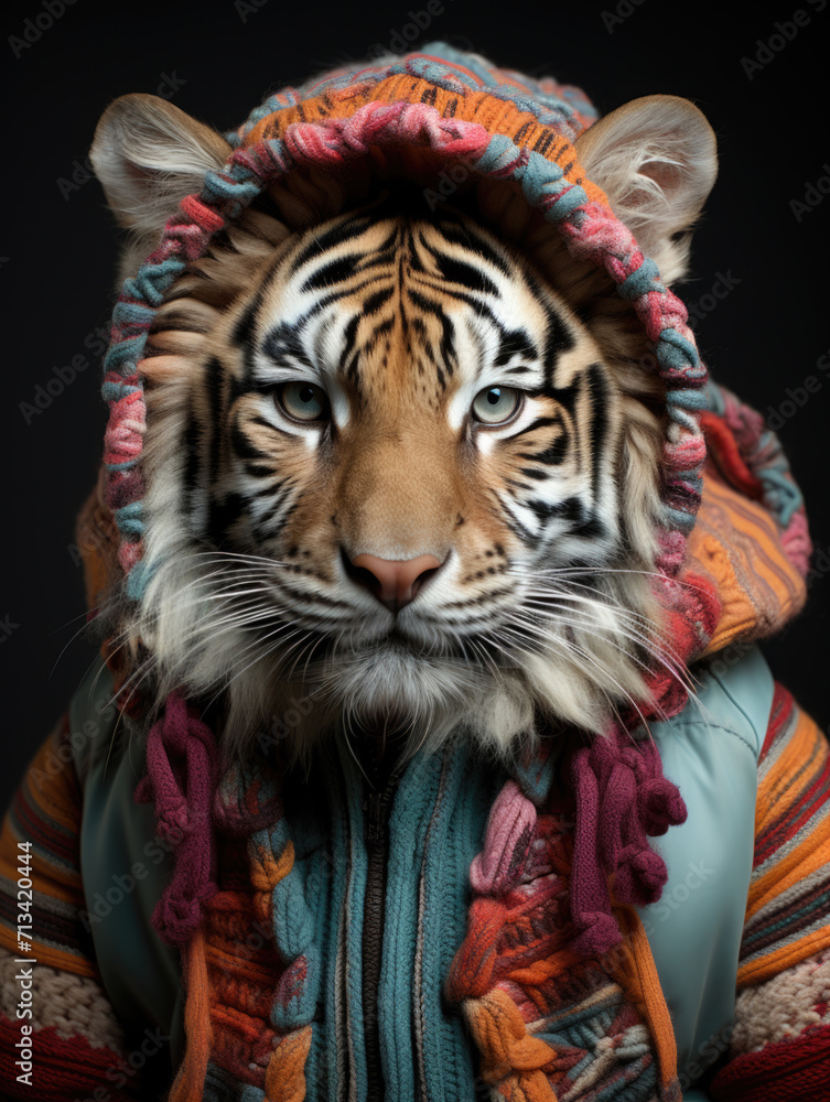 Tiger Portrait in Colorful Knitted Hoodie and Sweater