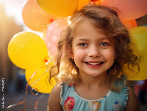 Curly-haired girl with a bright smile amidst a cluster of balloons.
