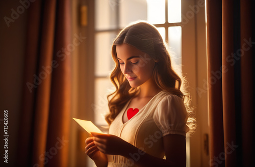 a girl stands by the window and reads a letter about love. sunset rays enter the room