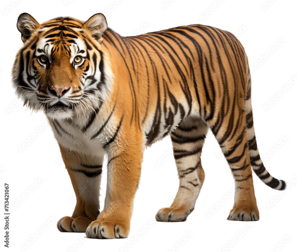 Portrait of a standing tiger animal seen on the side isolated on a transparent background. generative ai
