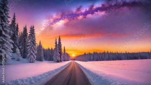 Fantastic winter landscape with snow covered trees and road at sunset © anamulhaqueanik