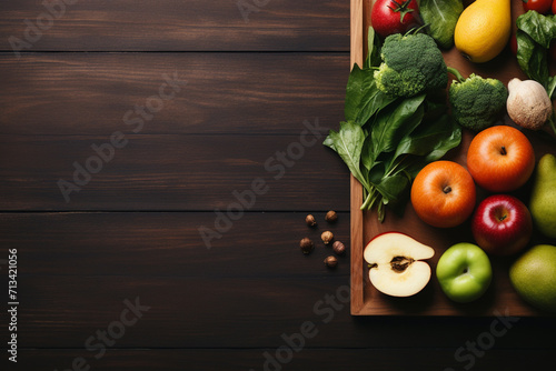 Fresh fruits in a box on wooden background. Top view with copy space