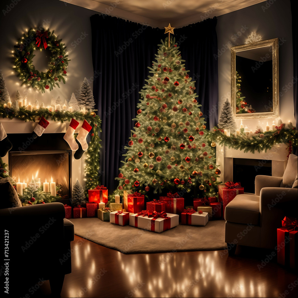 a beautiful large Christmas tree stands in a large spacious hall. Christmas mood