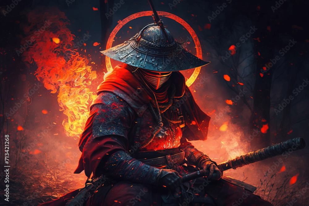 A samurai in a demonic red mask A samurai in a demonic red mask
