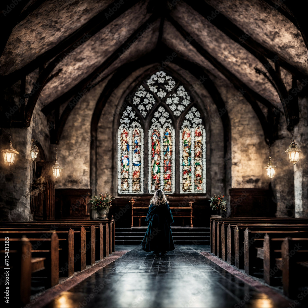 Portrait of a young girl against the background of a colorful stained glass window in a Gothic church. Woman Church Stained Glass Sunlight Alone Cathedral Interior. Fashion and Cinematic concept