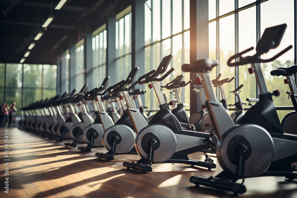 Fototapeta premium Modern gym interior with equipment. Fitness and healthy lifestyle concept. 3D Rendering