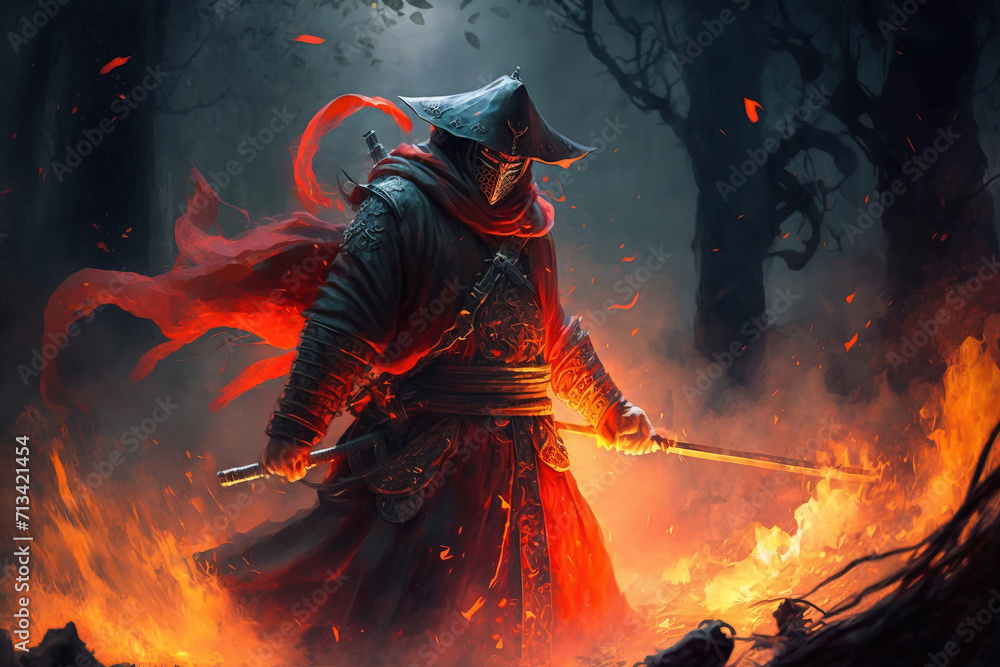 A samurai in a demonic red mask A samurai in a demonic red mask