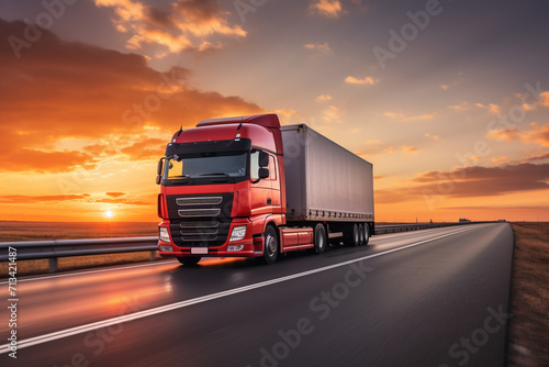 Truck on the road at sunset. Transportation and logistics concept. © Creative
