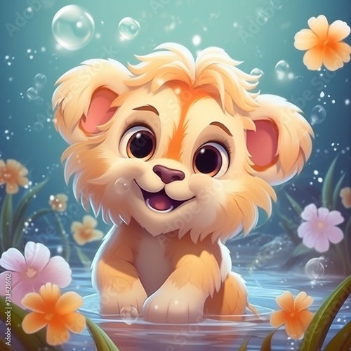 Obraz na płótnie Cute and adorable cartoon fluffy lion roaring water Ai generated art w salonie