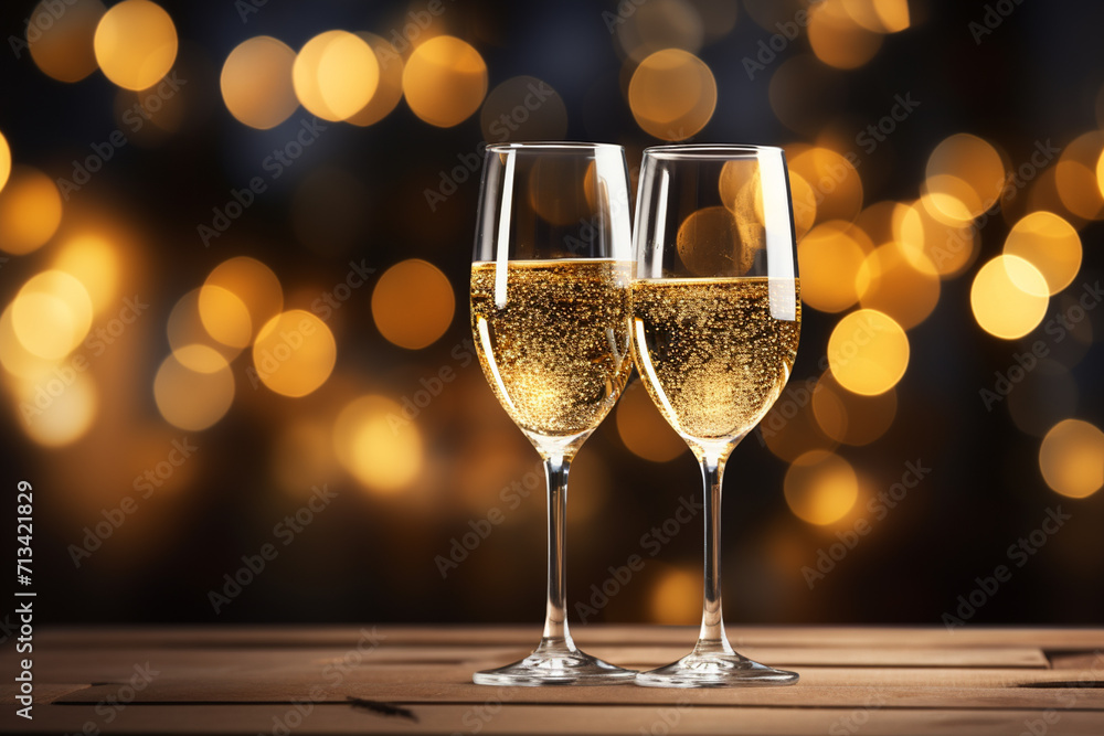 Glasses of champagne on bokeh lights background. New Year celebration Glasses of champagne on bokeh lights background. New Year celebration