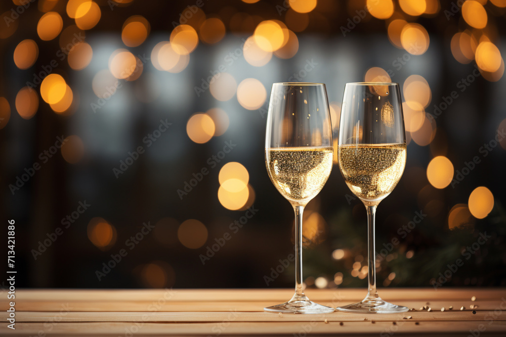 Glasses of champagne on bokeh lights background. New Year celebration Glasses of champagne on bokeh lights background. New Year celebration