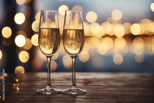 Glasses of champagne on bokeh lights background. New Year celebration