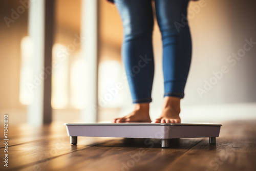 Close up of woman standing on scales at home. Weight loss concept