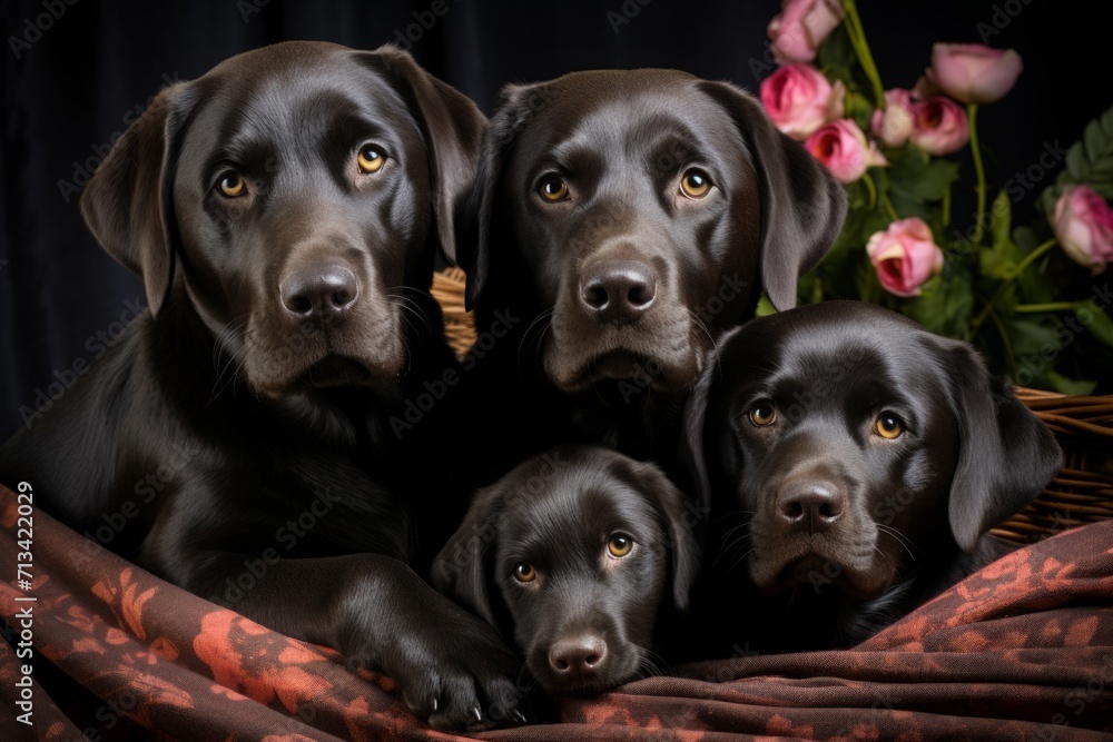 black Labradors, litter, puppies and adult dogs. portrait of pets.