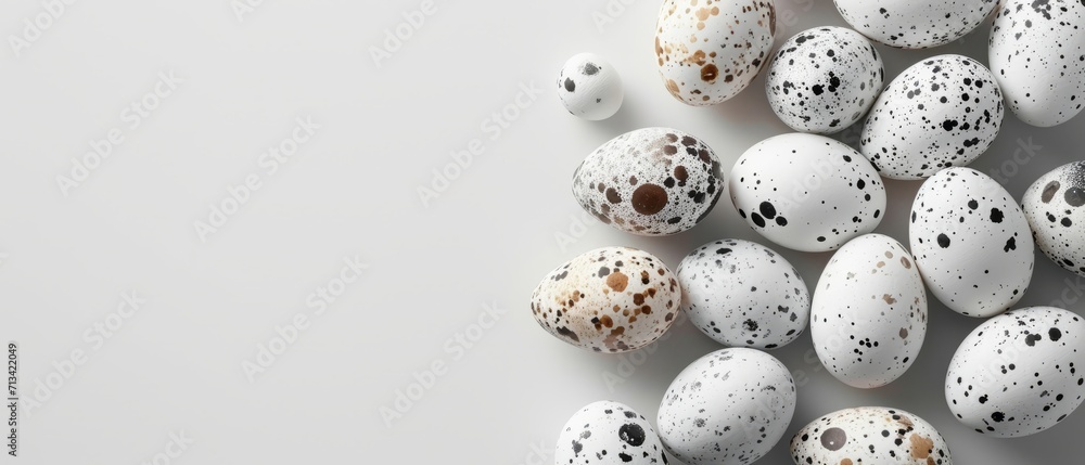 Easter banner with white speckled eggs on white background in minimalist style.