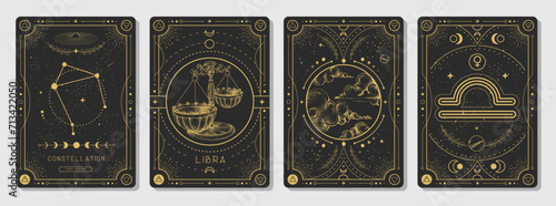 Set of Modern magic witchcraft cards with astrology Libra zodiac sign characteristic. Vector illustration