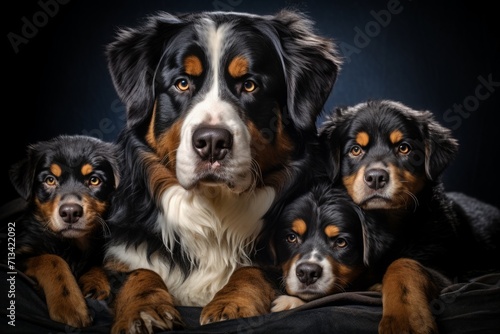 Bernese mountain dog, mother and litter. puppies and an adult dog. portrait of pets.