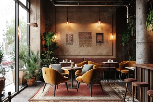 Cafe interior with earthy tones such as camel and rust, incorporating cozy textiles and avoiding plants for a warm and minimalist aesthetic