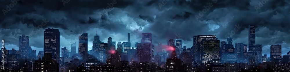 dark night sky with storm clouds over city sky scene - obrazy, fototapety, plakaty 