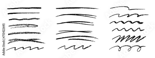 Black charcoal strokes.Rough charcoal strokes.Set of black hand drawn brush lines different forms on white background.Collection of vector grunge brushes. Vector horizontal chalk lines drawn by hand.