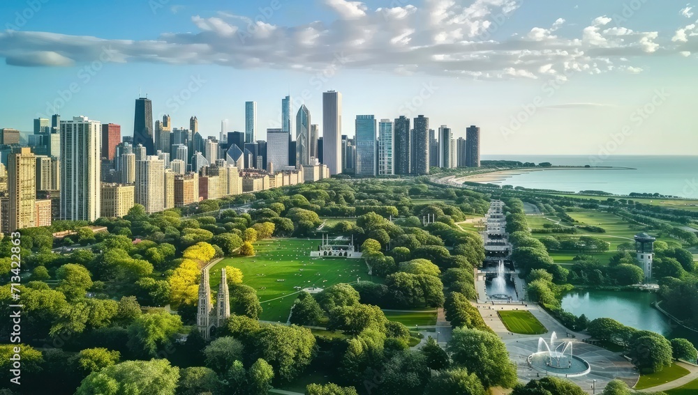 Panorama view of chicago park lawn with river view